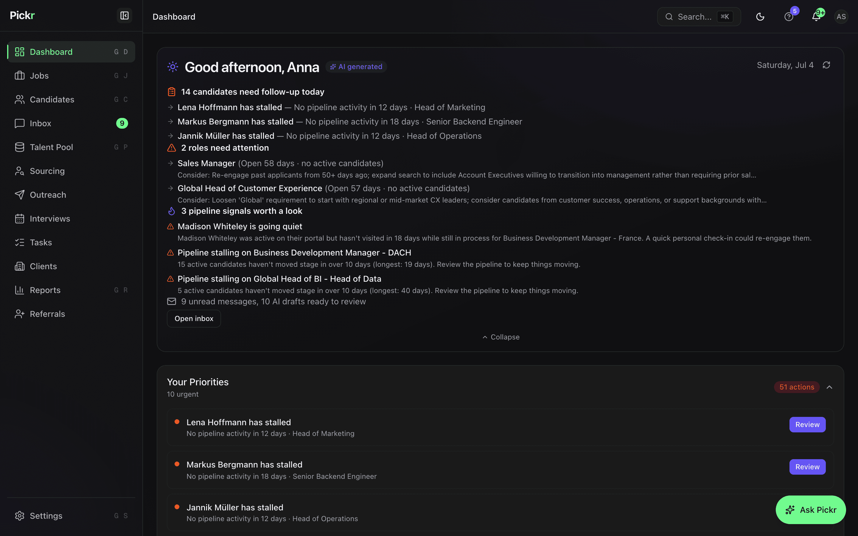 Pickr dashboard in dark mode: AI daily brief with stalled candidates, roles needing attention, and pipeline signals